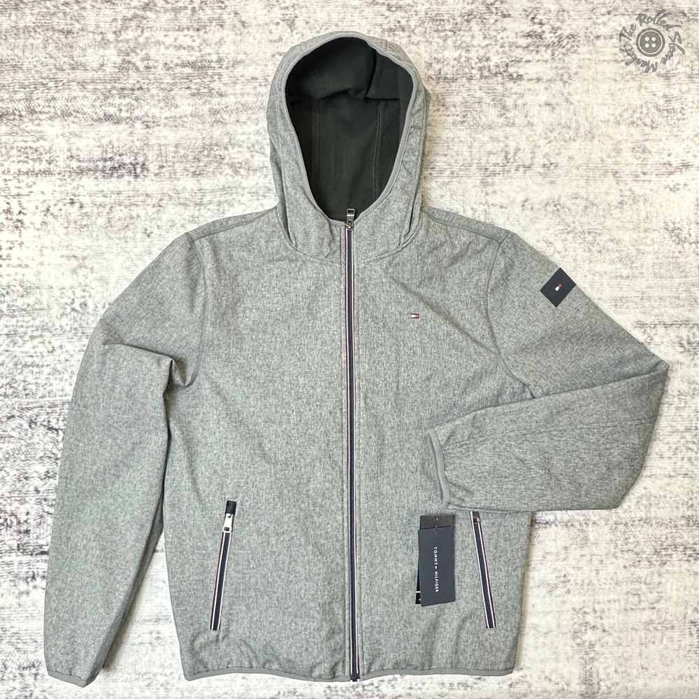 NWT Tommy Hilfiger Men's Medium Hooded Softshell Jacket Heather Gray Water‎ Wind